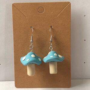 Handmade Mushroom Polymer Clay Dangle earrings Matte in Blue and White Color